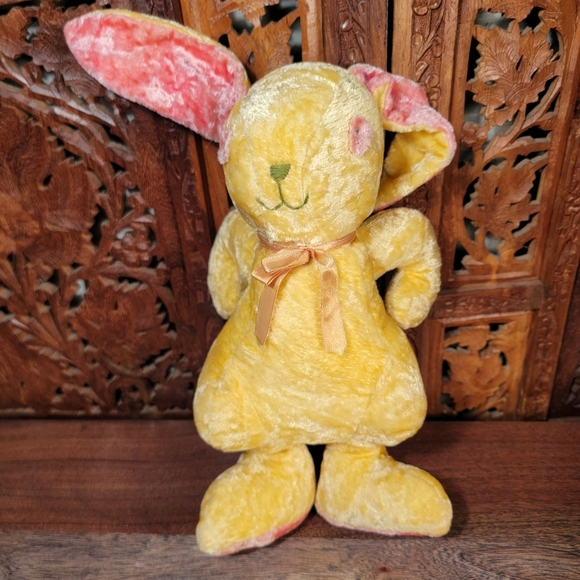 Toys | Vintage Look Crushed Velvet Pink And Yellow Stuffed Bunny | Poshmark